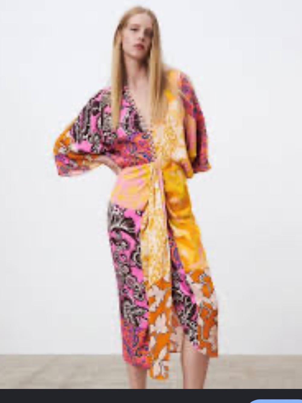 Zara Multicolor Floral Patchwork Faux Wrap Dress — Orange, Pink, Yellow